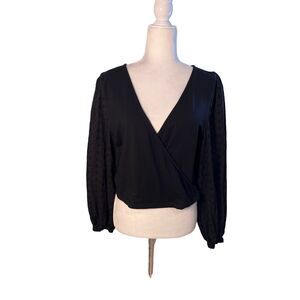 ASOS cropped black faux wrap long sleeve blouse - 14